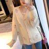 Spring Autumn Fashion Loose Peach Print Knitted Cardigan Women Long Sleeve V-neck Sweater Outwear Korean Preppy Tops 210514