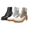 Hoge hakken luxe martin laarzen herfst winter grof hiel ontwerper vrouwen schoenen koeienhuid woestijn laars 100% echt lederen letter lace up mode dame zwarte hakken maat 36-42