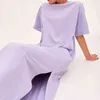 Swobodne 94% bawełniane letnie sukienki damskie solidne krótkie rękawie rozlane długie sukienki midi moda sundress żeńska odzież 220119