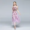 Ankunft Vintage Elegante Mesh Stickerei Kleid Frauen Sommer Lila Blume Casual Midi Lange Kleider Vestidos 210520