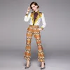 春ファッションパンツセットスーツ女性のターンダウンカラー蝶ネクタイシャツトップ+ビンテージ花柄プリントズボンスーツ2個セット210514