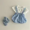 여름 아기의 사랑스러운 뒷 벨트 바지 삼각형 Romper 아기 캐주얼 격자 무늬 삐걱 거리는 키즈 Jumpsuit 210515