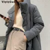 Yiyiyouni Oversized Thick Long Parkas Women Solid Sleeve Button Pockets Jacket Female Casual Straight Winter Coat Lady 210923