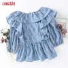 Tangada mulheres retrô bordado romântico denim ruffles blusa camisa meia manga chique camisa feminina tops 4T33 210609