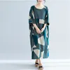 Johnature Summer Striped Plus Size Long Women Dresses New Half Sleeve Casual Loose O Neck Cotton Linen Vacation Dress Green 210319