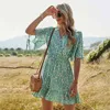 Summer Green Vintage Beach Mini Dress Button Elastyczne Plisowane Krótki Rękaw Tie Dress Dress A-Line Ruffles Sukienka Vestidos 210514