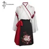 Abbigliamento etnico Kimono giapponese Donna 2 pezzi Set Nero Bianco Top Gonna ricamo gatto Asiatico Yukata Haori Costumi per feste cosplay205S