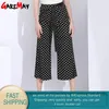 Beach Pants Women Summer Loose Causal Polka Dots Belt High Waist Wide Leg Elegant Ankel Length Woman Trousers 210428