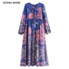 Bohemia Bandage Schnürung Kragen Blue Space Moon Flower Print Kleid BOHO Frau Langarm Maxi Urlaub Kleider Strand 210429