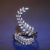 Huitan Graceful Leaves Both End of Open Ring Silver Color Girl Cocktail Party Rings Shine Crystal Zircon Fashion Women Jewelry X0715