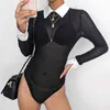 Sexy Transparent Mesh Panelled Skinny Turn-Down-Kragen Bodys Frauen Sommer Langarm Open Crotch Bodysuit 210510