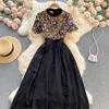 Vintage Lace Embroidery Black Dress for Women 2021 Summer Runway Fashion Patchwork Robe Longue Party Vestidos