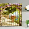 Window Outside Forest Bridge Spring Landscape Creativity Shower Curtain Zen Stone Tree Building Scenery Cloth Curtains With Hook 2251J