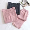 Japanese Simple Spring And Autumn Ladies Pajamas Two-piece Long-sleeved Trousers 100% Cotton Crepe Round Neck Home Service Set 211211