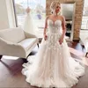 Strapless A Line Lace Wedding Dresses Sweetheart Neck Sweep Train Appliqued Tulle Backless Plus Size Bridal Gowns