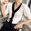 Vrouwen trui zomer koreaanse chique stijl contrast kleur randen V-hals single-breasted afslankende puff sheeve vestigans 210514