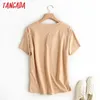 Tangada women khaki basic cotton T shirt short sleeve O neck tees ladies casual tee street wear top 6D5 210623