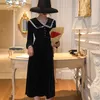 Black Lace Sailor Collar Puff Sleeve Long Mid Calf Midi Dress Elegant Winter Autum Vintage Preal Velvet D1422 210514