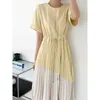 Koreański Chic Lato Temperament Slim Kontrast O Neck Krótki Rękaw Plisowany Sukienka Kobiety Sashes Robe Femme Vestido Mujer Elegancki 210610