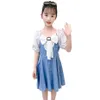 Детские джинсовые платья для девочек Большой лук девушки лоскутное лето повседневный стиль костюм 210528