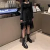 Czarna Gothic Party Dress Kobiety Nieregularne Japonia Styl Koronki Lolita Lato Krótkie Ruffles Długi rękaw ES 13244 210512