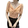 Fransk Romantik Bomull Kvinnor Chiffon T-shirt Top Lantern Sleeve V Neck Mesh Patchwork Sommar Elegant Feminina TSHIRTS T07618B 210421