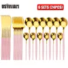 Conjunto de talheres de ouro 24pcs / 6 conjuntos de utensílios de mesa de pratos de pratos Facas de colheres Setks Set de aço inoxidável Cutelaria Spoon Spoon Set 210706