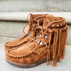 Women Ankle Boots Ladies Suede Shoes Tassel Pop Lace-Up Boho Flat Cowboy Short