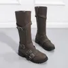 Mode Mid Calf Boots voor Vrouwen met Riem Gesp Dames Boot Herfst Winter Romeinse Motorfiets Lange Botas Mujer