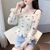 rose printed chiffon blouse women's spring square collor high waist short bandage Long Sleeve Shirt 5C225 210427