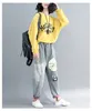 Kadın Bahar Kot Sonbahar Moda Marka Vintage Karikatür Köpek Küçük Kız Baskı Denim Kadın Rahat Yıpranmış Harem Pantolon Pantolon