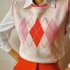 Sweet O-Neck Fashion Argyle Sweater Vest Women Pink Sleeveless Knitted Crop Sweaters Casual Short Tops 210430