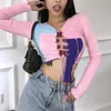 Women's T-Shirt Pink Patchwork T Shirts Autumn Women Korean Fashion Sexy Long Sleeve Open Front Lace-Up Knitting Cardigan Hollow Crop Top Sh