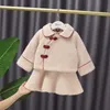 Baby Mädchen Kleid Chinesische Rote Tang Anzüge Winter Traditionelles Jahr Kleidung Kleinkind Verdicken Woolen Warme Weste Kleid + Mantel Set 210529