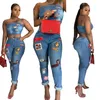 Modello carino Due pezzi Set di jeans da donna Spaghetti Scollo a barchetta senza maniche Top corto e pantaloni di jeans alla moda Completi Pantaloni streetwear per ragazze