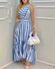 Summer Elegant One Shoulder Striped Colorblock SleevelAsymmetric High Waist Casual Maxi Dresses Fashion Sexy Skinny Robes X0529