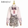 TWOTWINSTYLE Vintage Printed Leopard Sets For Women Lapel Long Sleeve Shirt A Line Mini Skirt Casual Two Piece Set Female 210517