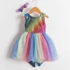 Regenboog kleur prinses feestjurk voor meisjes grote strik 1 jaar oude verjaardag kostuum luxe glanzende lovertjes meisje jurk jurk Q0716