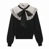 Women Contrast Color Organza Splicing Knitting Sweater Femme Long Sleeve Pullover Casual Lady Loose Tops SW960 Y1110