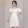 Kadın Puf Kollu Beyaz Yaz Elbiseler Zarif Ince A-Line Mini Elbise Moda Pist Vintage Iş Gündelik İş Vestidos 210506