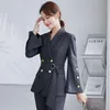 Mulheres de duas peças Calças Corean Cinzento Manga Slim Business Blazer + Pant 2 Set Mulheres Escritório Senhora Jaqueta Notched Calças Ternos Cintos