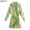 Zevity Women Vintage Floral Print Casual Slim Mini Shirt Klänning Kvinna Chic Långärmad Bow Tied Wrap Kimono Vestidos DS83 210623