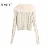 Zevity Women Fashion Faux Fur Collar Patchwork Knitting Casual sweter Femme Chic Twist Crochet Krótkie Kardigan Topy S457 210603