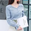 Jesień Moda Bawełna Kobiety Bluzki Z Długim Rękawem Ruffles V-Neck Bluzki Kobiety Casual Proste Kobiety Koszule 11057 210528