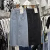 Kjolar Kvinnor Hem Split A-Line Skirt 2021 Vår Sommar Slim Casual Vintage Mid-Length High Wasit Straight Denim Fashion