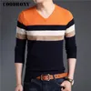 Coodrony sweter mężczyźni jesień zima bawełniana wełna sweter mężczyźni streetwear moda paski dzianina szczupła fit v-neck pull homme 91029 211014 \ t