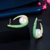 Creative Half Round Micro Pave Pink Cubic Zirconia Silver Pearl Drop Earrings for Women Unique Fine Jewelry CZ852 210714