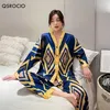 Pijama feminino Qsrocio Set Super Moda Big Rhombus Imprimir Sleepwear Silk Silk Gosta de Nightwear Casual Homewear Femme 211112