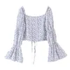 Sommar Kvinnor Franska Små Floral Lace Placket Flared Sleeves Square Collar Shirt Kvinna Sexig Beach Top 210520