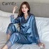 Caiyier sexig satin spets trimmad pyjama uppsättning höst kvinnor långärmad silke pyjamas vinter casual sleepwear homewear 2pcs nattkläder Q0706